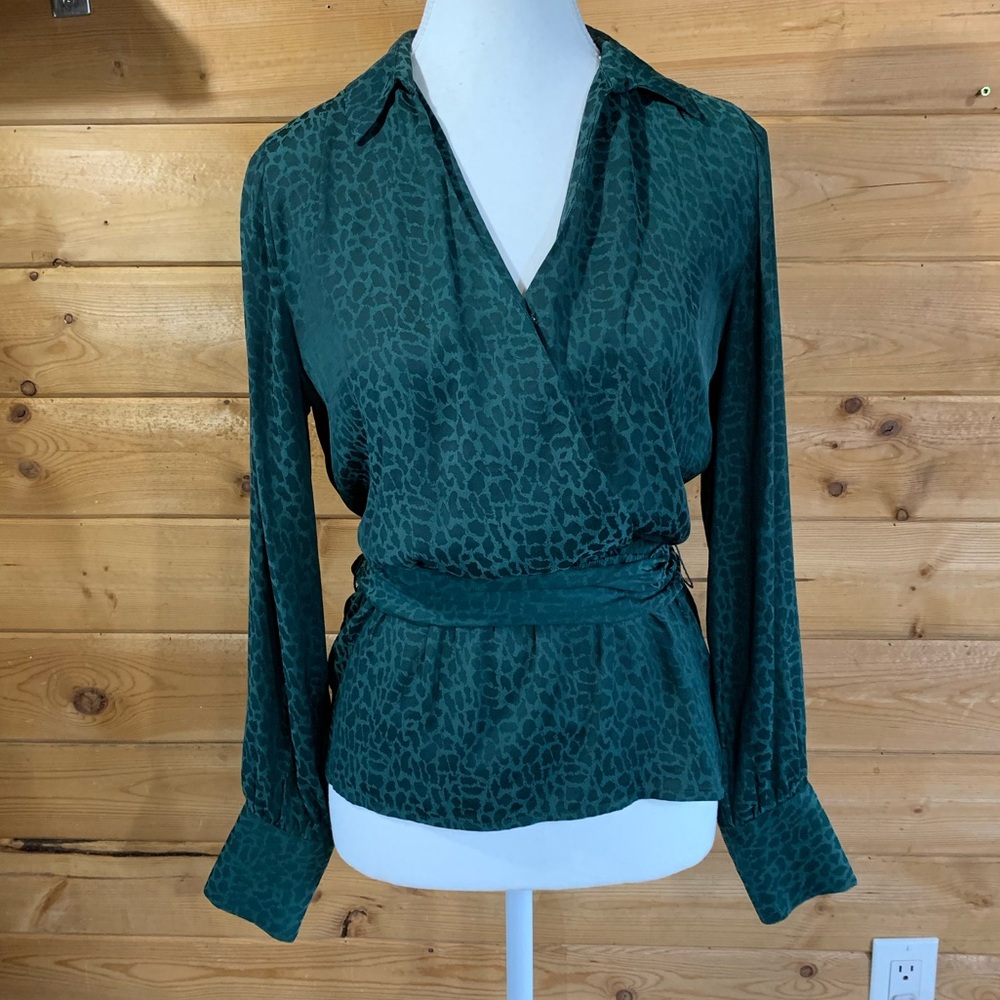 Teal Animal Print Wrap Blouse‎ Leopard Cheetah Office Vixen Twee Christmas Small